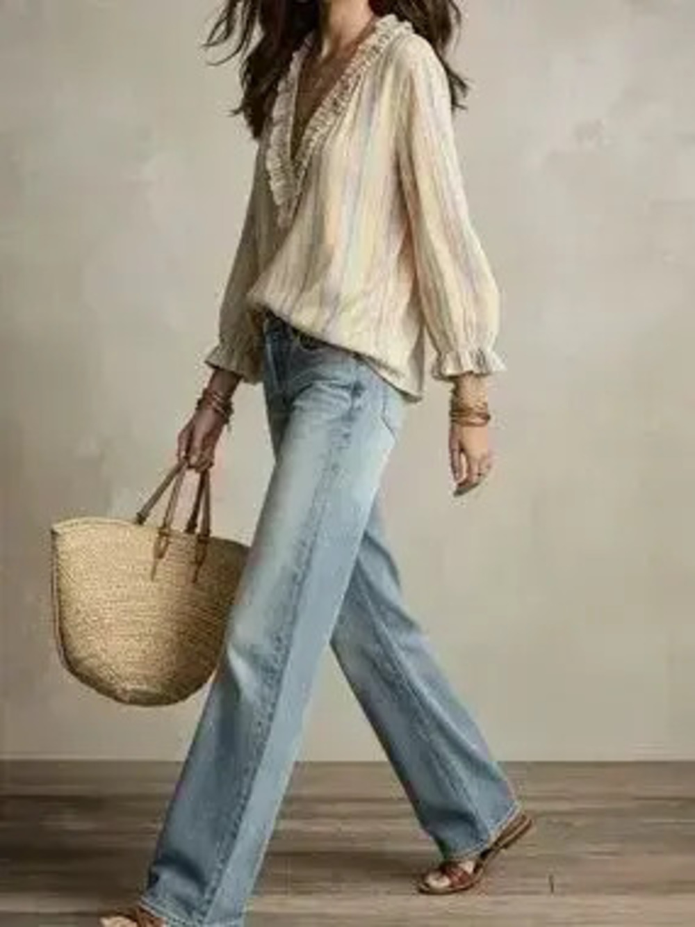 Striped Ruffle-Trim V-Neck Blouse - Picture 5 of 9